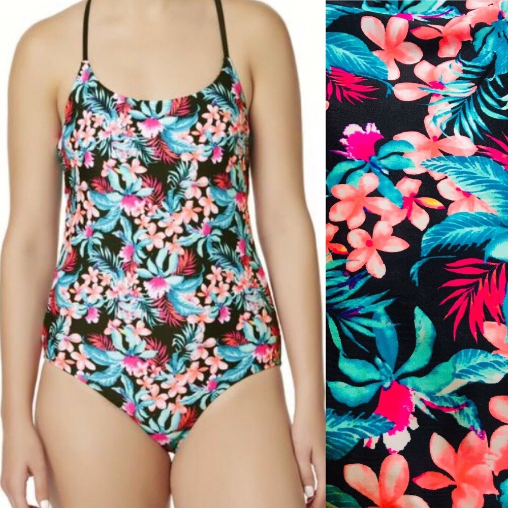 Juniors Cross-Back One-Piece Swimsuit Neon Floral